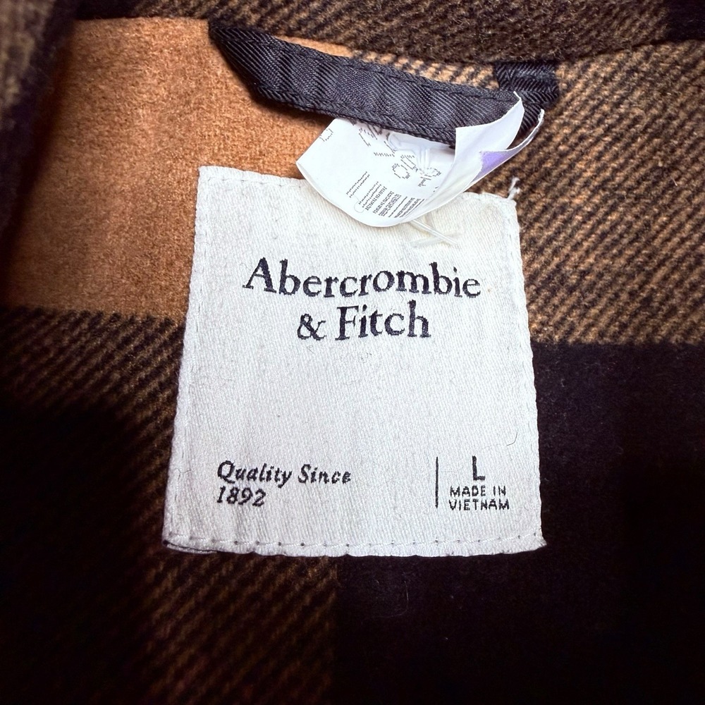 Abercrombie & Fitch Plaid Coat Peacoat Large Black Tan Brown Oversized Women's - Picture 2 of 7